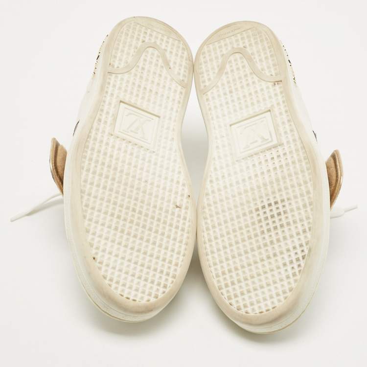 Pre Owned Louis Vuitton White Leather and Monogram Canvas Frontrow Sneakers Size 36.5