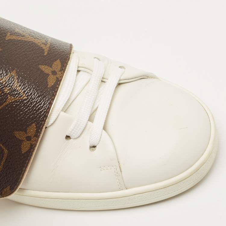 Pre Owned Louis Vuitton White Leather and Monogram Canvas Frontrow Sneakers Size 36.5