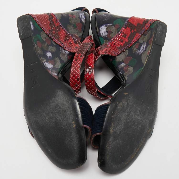 Pre Owned Louis Vuitton Dark Red/Navy Blue Snakeskin and Velvet Cross Ankle Strap Wedge Sandals Size 38
