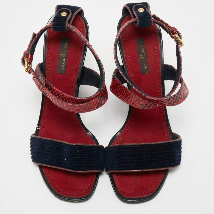 Pre Owned Louis Vuitton Dark Red/Navy Blue Snakeskin and Velvet Cross Ankle Strap Wedge Sandals Size 38