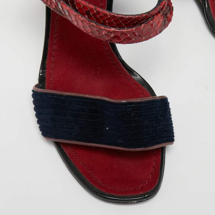 Pre Owned Louis Vuitton Dark Red/Navy Blue Snakeskin and Velvet Cross Ankle Strap Wedge Sandals Size 38