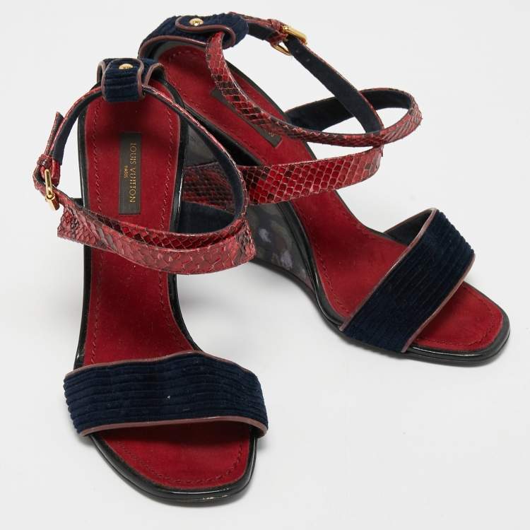Pre Owned Louis Vuitton Dark Red/Navy Blue Snakeskin and Velvet Cross Ankle Strap Wedge Sandals Size 38