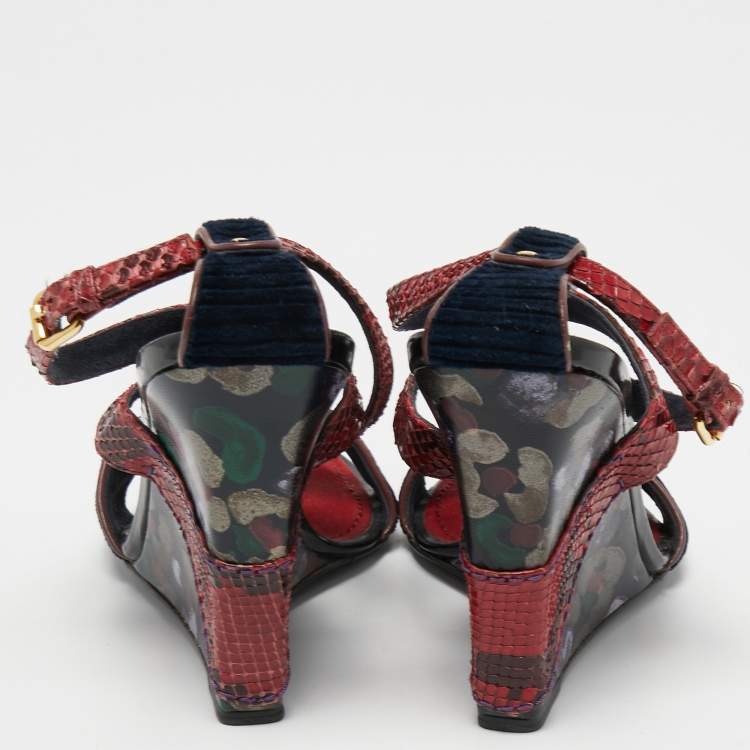 Pre Owned Louis Vuitton Dark Red/Navy Blue Snakeskin and Velvet Cross Ankle Strap Wedge Sandals Size 38