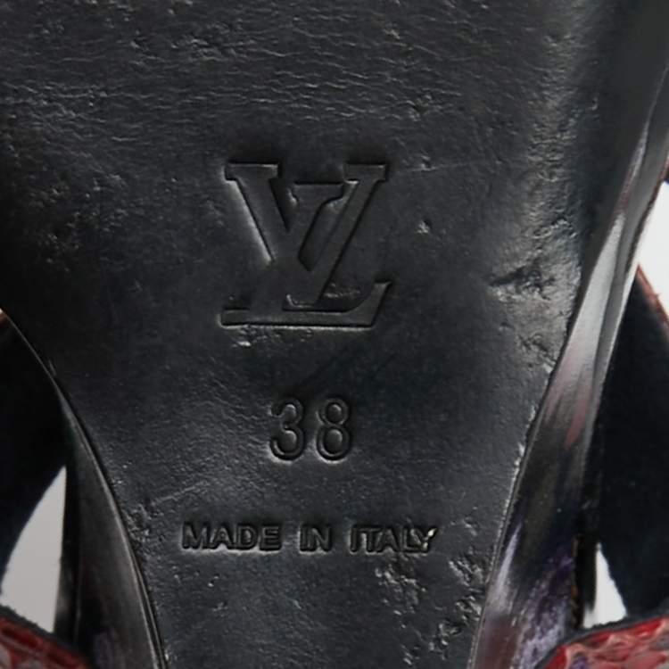Pre Owned Louis Vuitton Dark Red/Navy Blue Snakeskin and Velvet Cross Ankle Strap Wedge Sandals Size 38