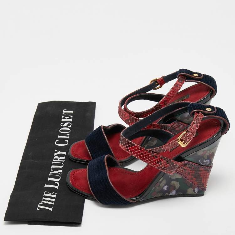 Pre Owned Louis Vuitton Dark Red/Navy Blue Snakeskin and Velvet Cross Ankle Strap Wedge Sandals Size 38