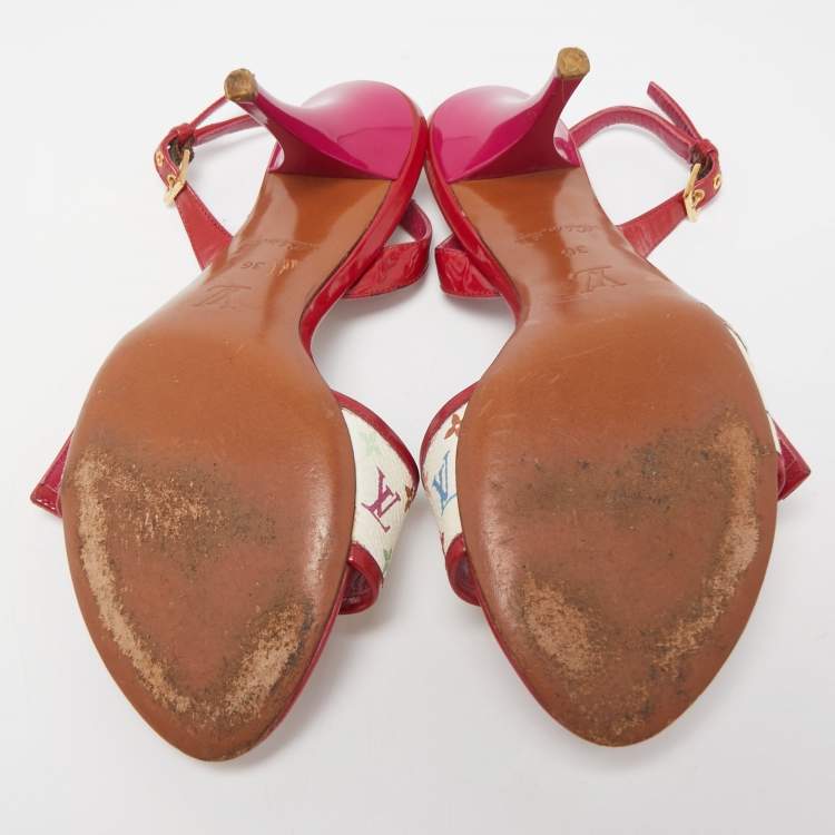 Pre Owned Louis Vuitton Red/White Monogram Canvas and Patent Slingback Sandals Size 36