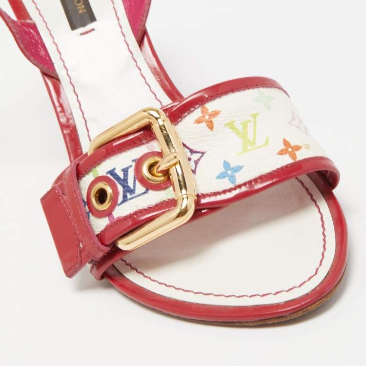 Pre Owned Louis Vuitton Red/White Monogram Canvas and Patent Slingback Sandals Size 36
