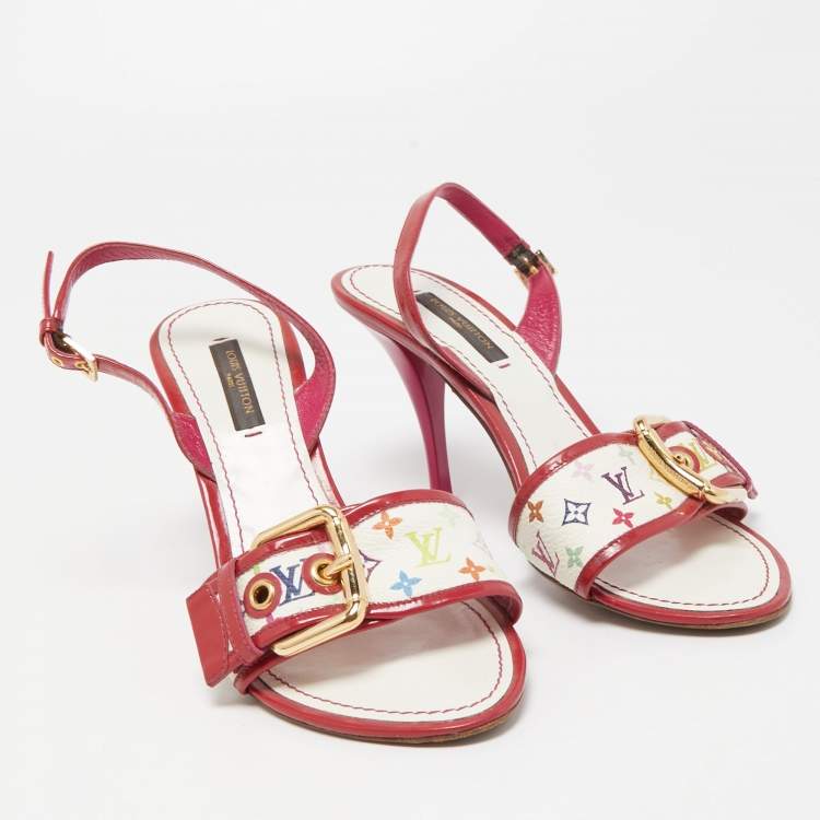 Pre Owned Louis Vuitton Red/White Monogram Canvas and Patent Slingback Sandals Size 36