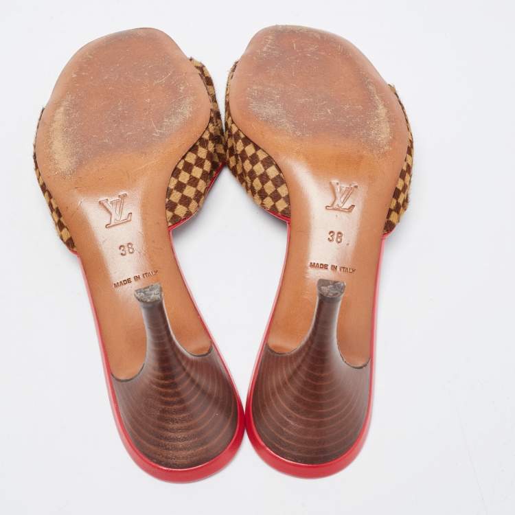 Pre Owned Louis Vuitton Tricolor Damier Calf Hair Bow Slide Sandals Size 38
