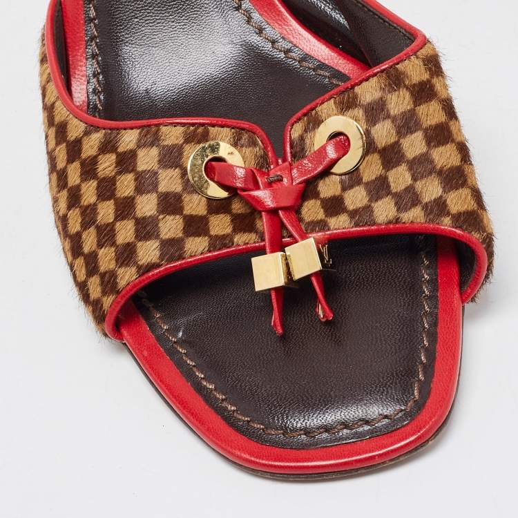 Pre Owned Louis Vuitton Tricolor Damier Calf Hair Bow Slide Sandals Size 38