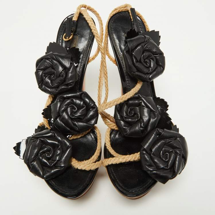 Pre Owned Louis Vuitton Black Leather Floral Applique Rope Strap Platform Sandals Size 38