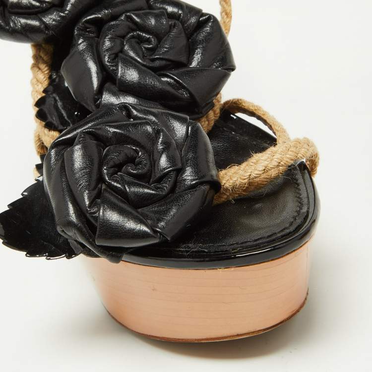Pre Owned Louis Vuitton Black Leather Floral Applique Rope Strap Platform Sandals Size 38