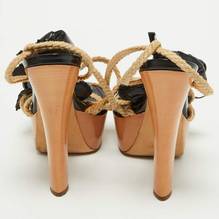 Pre Owned Louis Vuitton Black Leather Floral Applique Rope Strap Platform Sandals Size 38
