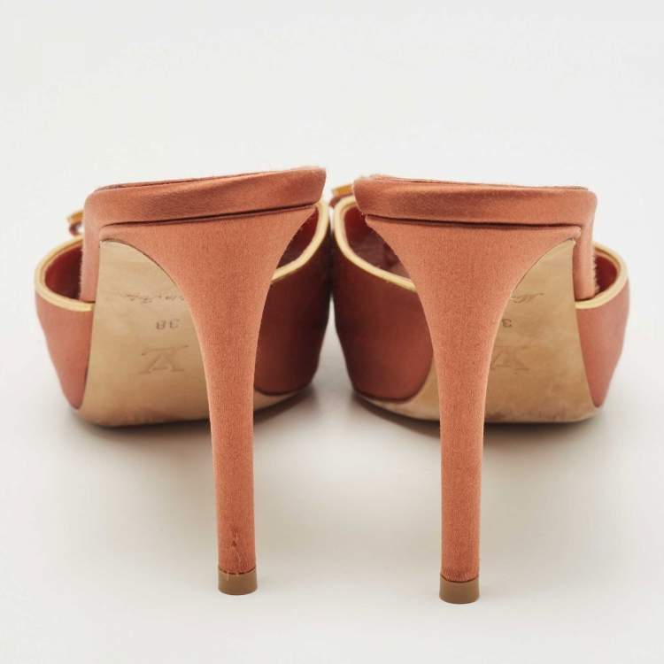 Pre Owned Louis Vuitton Brown Satin Embellished Peep Toe Slide Sandals Size 38