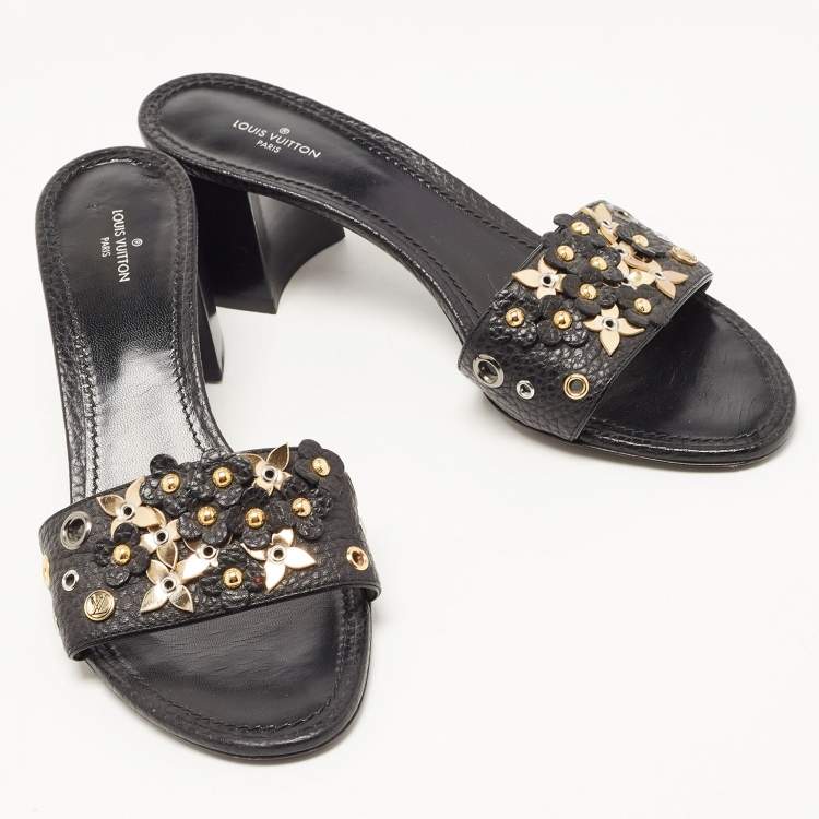 Pre Owned Louis Vuitton Black Leather Embellished Applique Slide Sandals Size 39