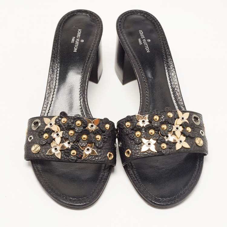 Pre Owned Louis Vuitton Black Leather Embellished Applique Slide Sandals Size 39
