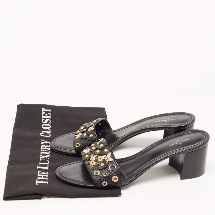 Pre Owned Louis Vuitton Black Leather Embellished Applique Slide Sandals Size 39