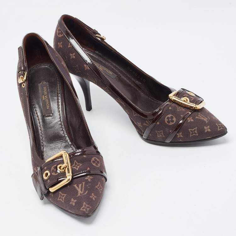 Pre Owned Louis Vuitton Brown Monogram Canvas and Patent Leather Buckle Pumps Size 36