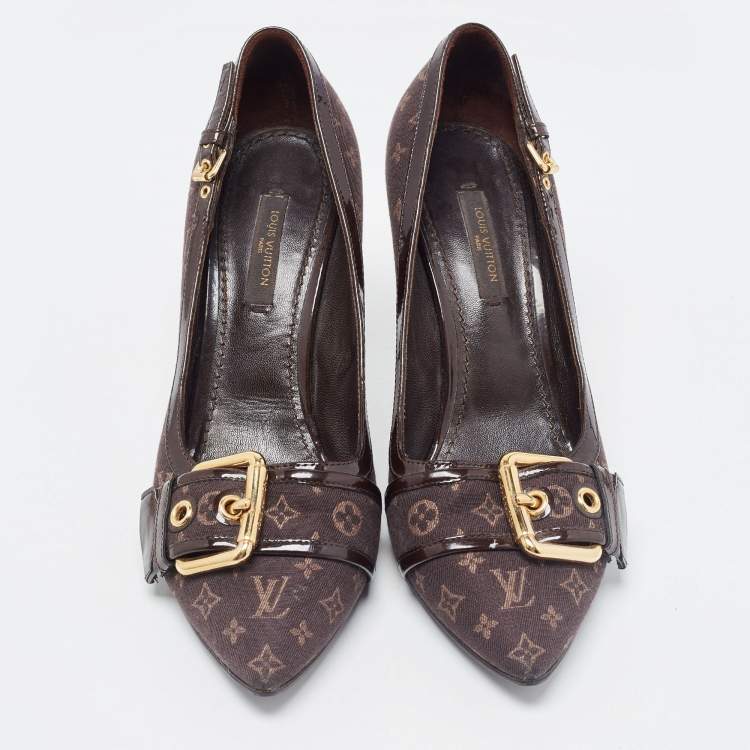 Pre Owned Louis Vuitton Brown Monogram Canvas and Patent Leather Buckle Pumps Size 36