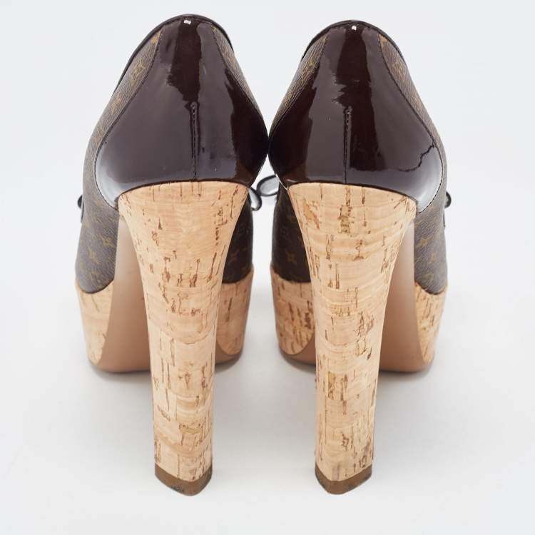 Pre Owned Louis Vuitton Brown Monogram Canvas and Leather Peep Toe Pumps Size 37