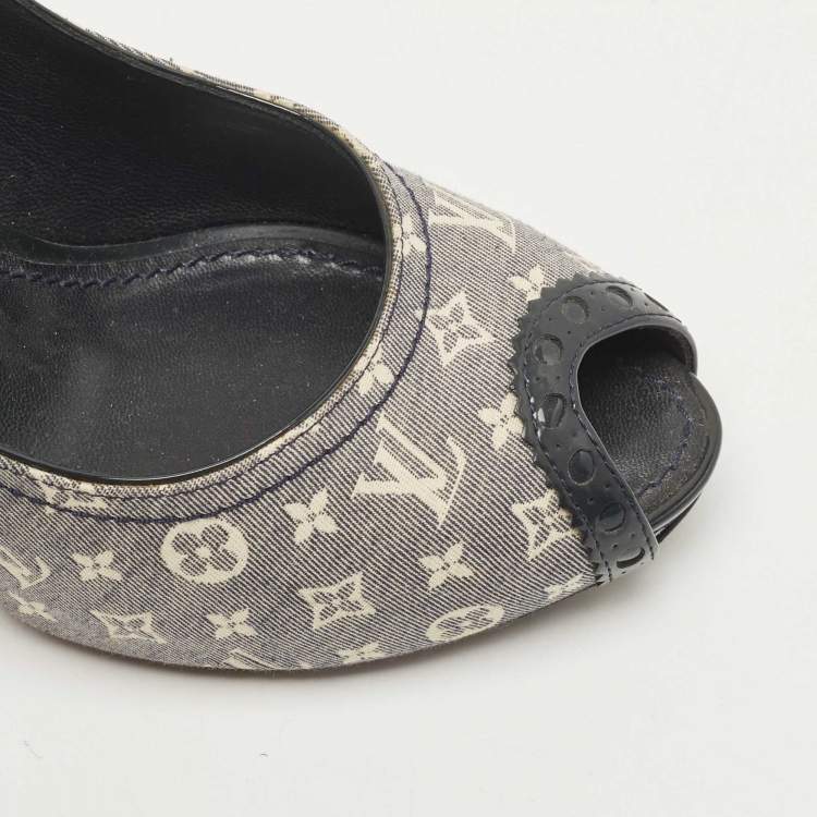 Pre Owned Louis Vuitton navy Blue/White Monogram Idylle Canvas Romance Peep Toe Pumps Size 36.5