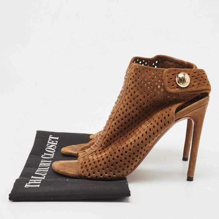 Pre Owned Louis Vuitton Brown Suede Ankle Strap Boots Size 39