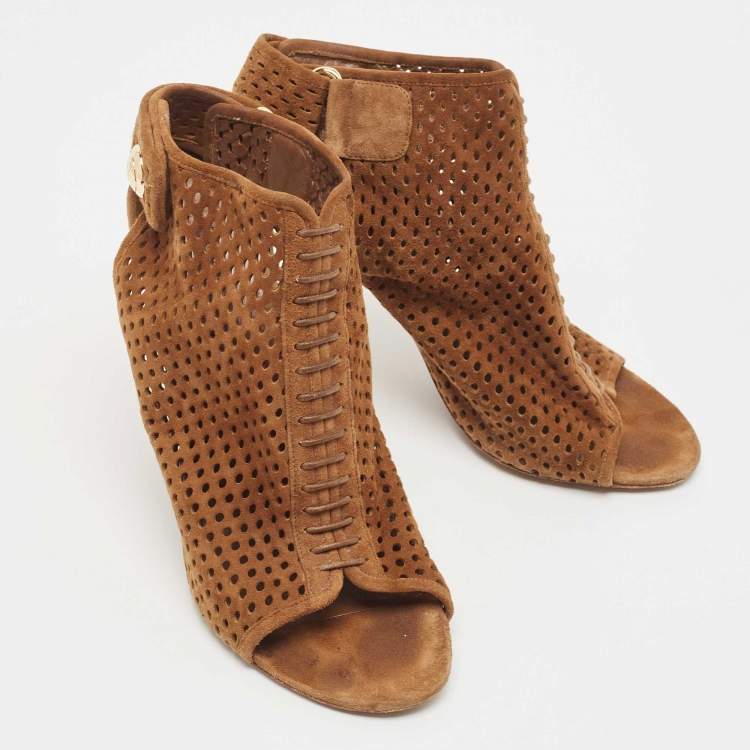 Pre Owned Louis Vuitton Brown Suede Ankle Strap Boots Size 39