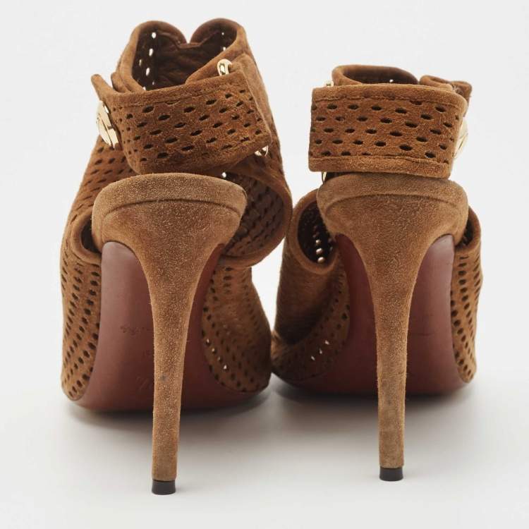 Pre Owned Louis Vuitton Brown Suede Ankle Strap Boots Size 39