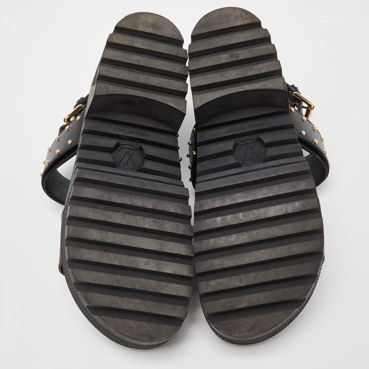 Pre Owned Louis Vuitton Brown/Black Monogram Canvas and Leather Laureate Platform Sandals Size 36.5