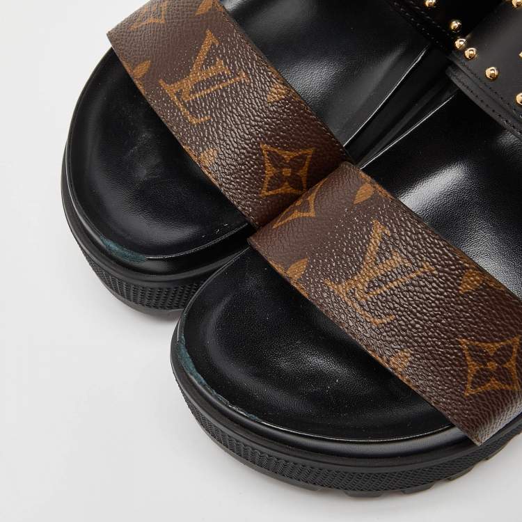 Pre Owned Louis Vuitton Brown/Black Monogram Canvas and Leather Laureate Platform Sandals Size 36.5