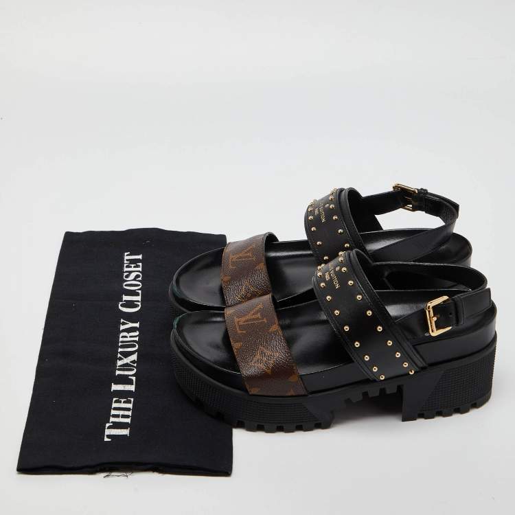 Pre Owned Louis Vuitton Brown/Black Monogram Canvas and Leather Laureate Platform Sandals Size 36.5
