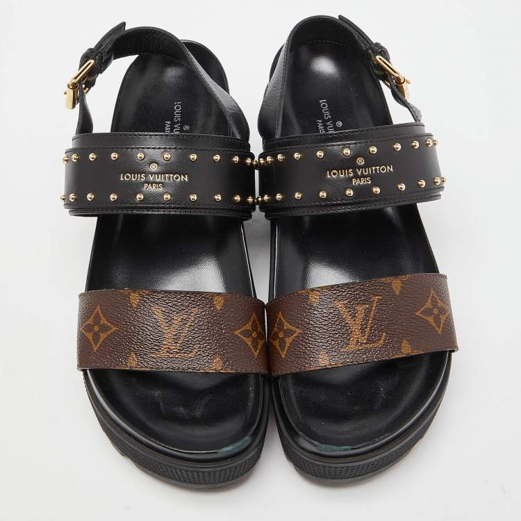 Pre Owned Louis Vuitton Brown/Black Monogram Canvas and Leather Laureate Platform Sandals Size 36.5