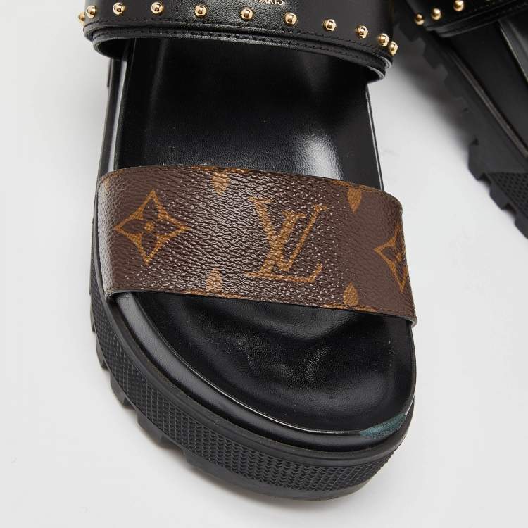 Pre Owned Louis Vuitton Brown/Black Monogram Canvas and Leather Laureate Platform Sandals Size 36.5