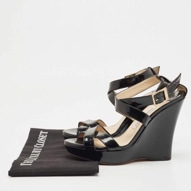 Pre Owned Jimmy Choo Black Patent Leather Wedge Platform Ankle Wrap Sandals Size 38.5