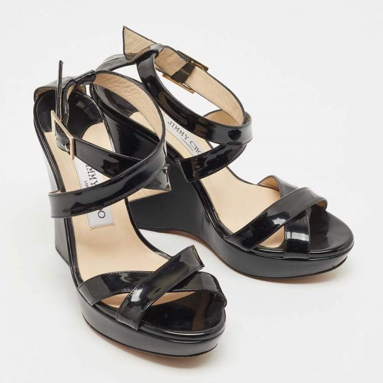 Pre Owned Jimmy Choo Black Patent Leather Wedge Platform Ankle Wrap Sandals Size 38.5