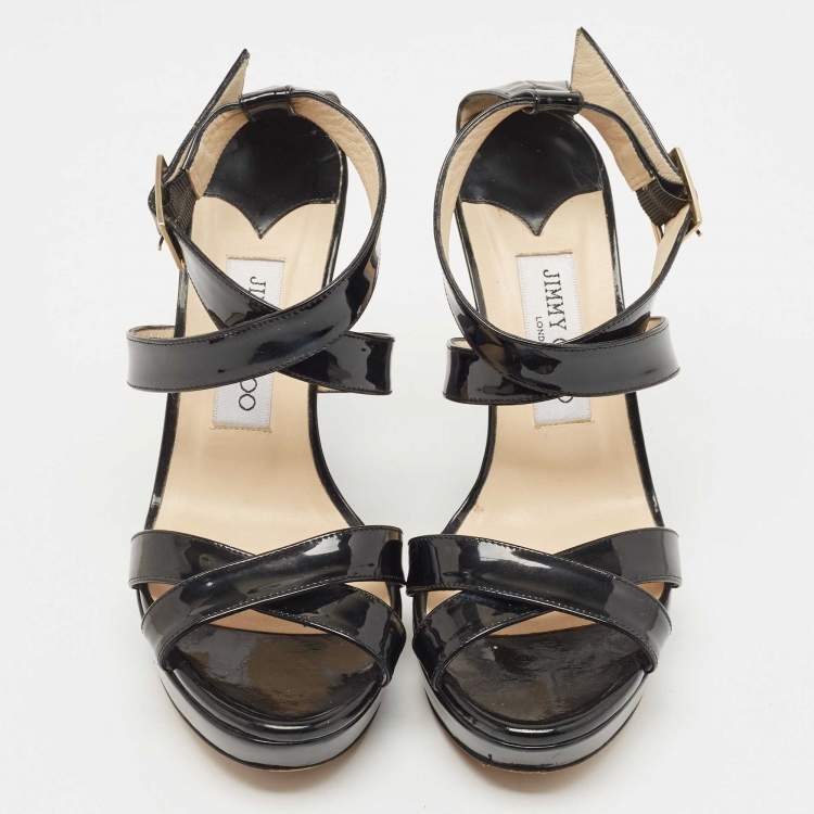 Pre Owned Jimmy Choo Black Patent Leather Wedge Platform Ankle Wrap Sandals Size 38.5