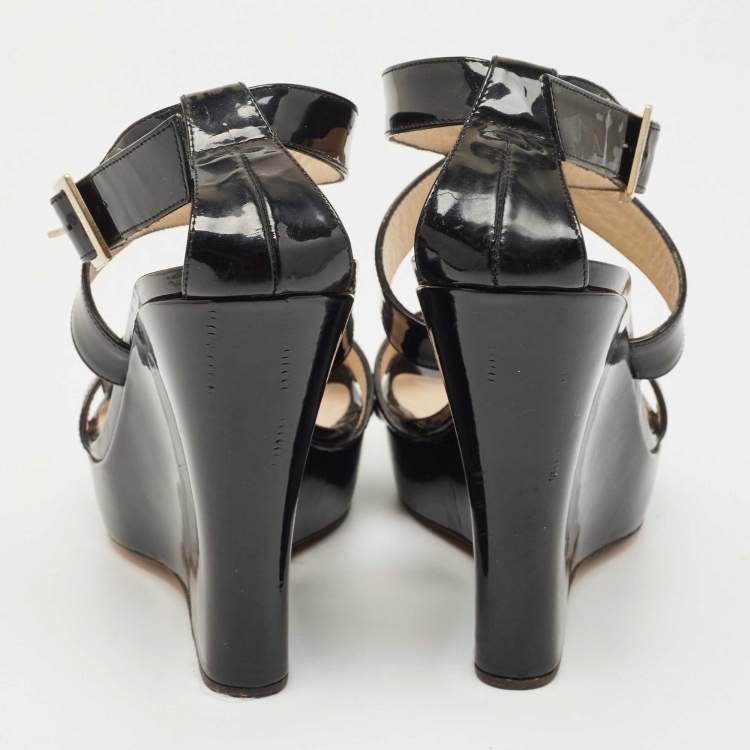Pre Owned Jimmy Choo Black Patent Leather Wedge Platform Ankle Wrap Sandals Size 38.5