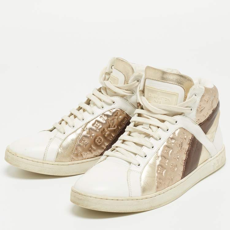 Pre Owned Louis Vuitton Metallic/White Leather and Canvas High Top Sneakers Size 38