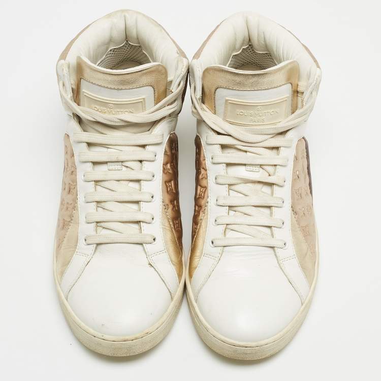 Pre Owned Louis Vuitton Metallic/White Leather and Canvas High Top Sneakers Size 38