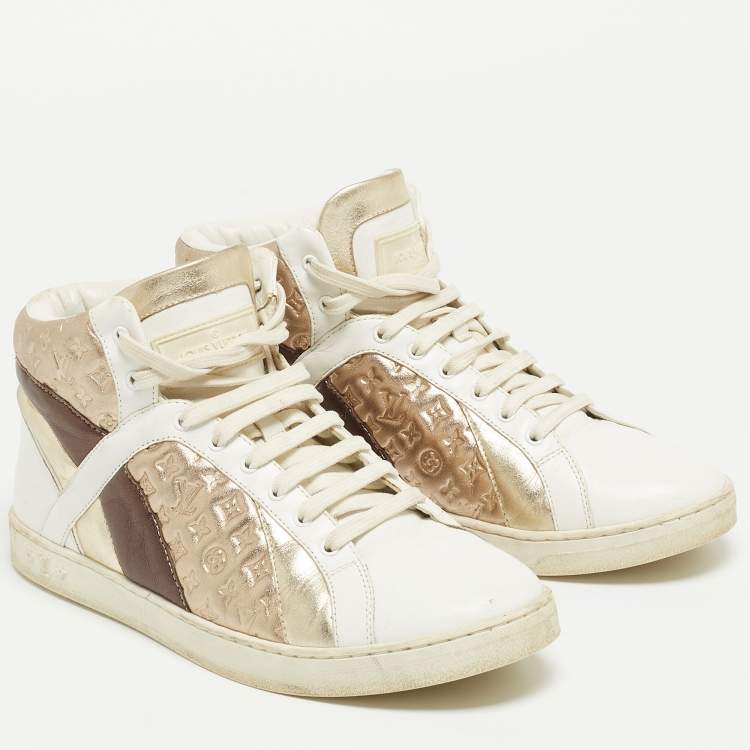 Pre Owned Louis Vuitton Metallic/White Leather and Canvas High Top Sneakers Size 38