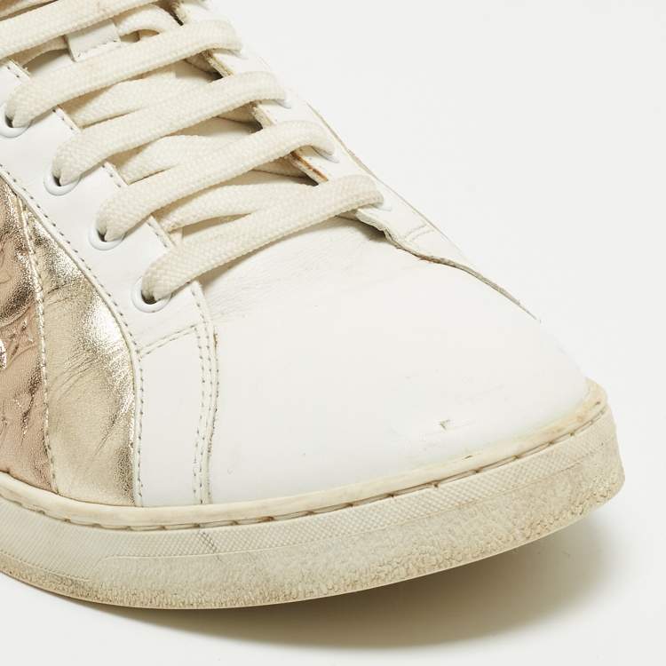 Pre Owned Louis Vuitton Metallic/White Leather and Canvas High Top Sneakers Size 38