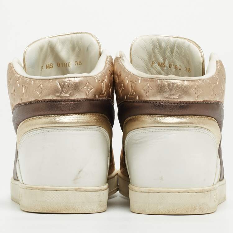 Pre Owned Louis Vuitton Metallic/White Leather and Canvas High Top Sneakers Size 38