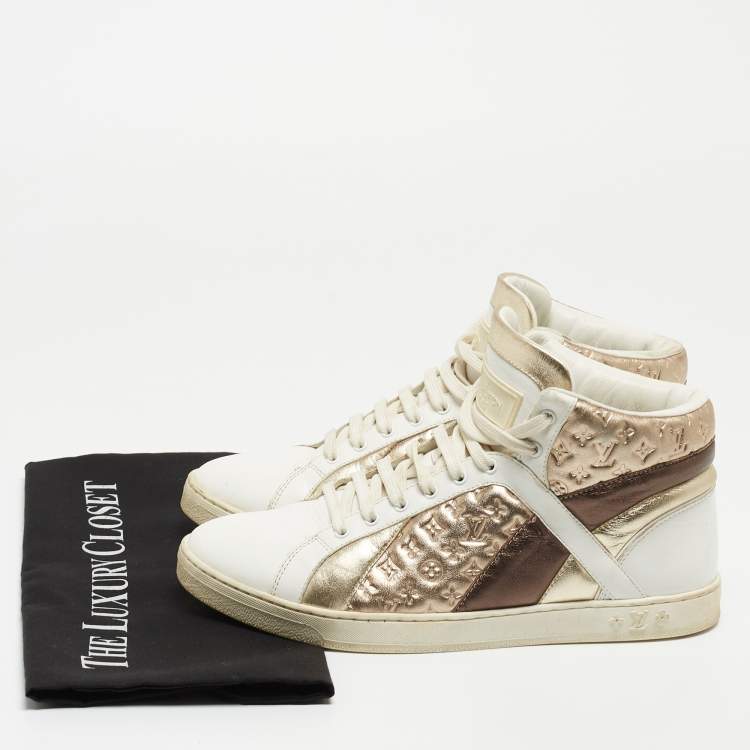 Pre Owned Louis Vuitton Metallic/White Leather and Canvas High Top Sneakers Size 38