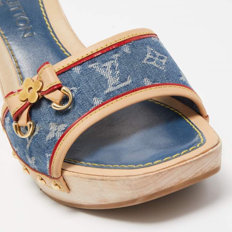 Pre Owned Louis Vuitton Blue/Beige Monogram Denim And Leather Bow Detail Slides Sandals Size 37
