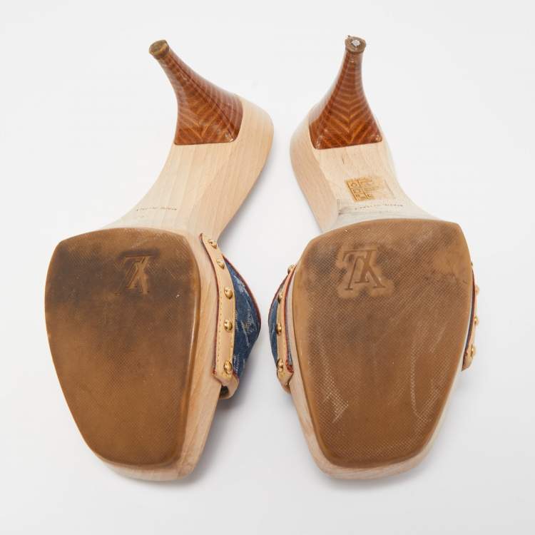 Pre Owned Louis Vuitton Blue/Beige Monogram Denim And Leather Bow Detail Slides Sandals Size 37