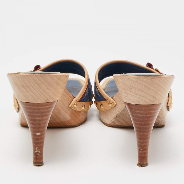 Pre Owned Louis Vuitton Blue/Beige Monogram Denim And Leather Bow Detail Slides Sandals Size 37