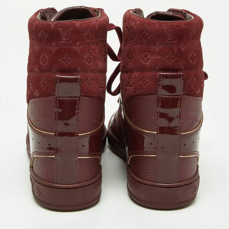 Pre Owned Louis Vuitton Burgundy Monogram Suede and Leather Millennium Wedge Sneakers Size 37