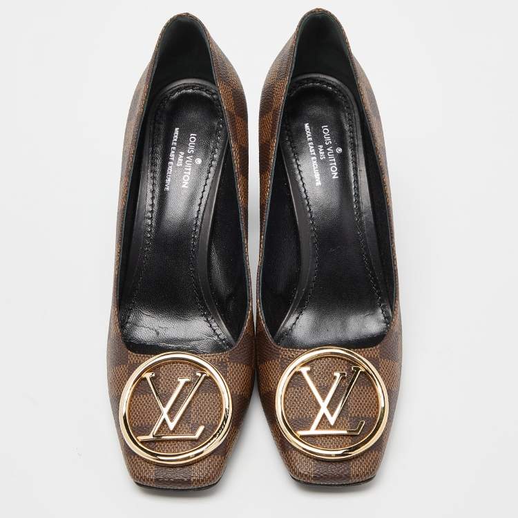 Pre Owned Louis Vuitton Brown Damier Ebene Canvas Madeleine Block Heel Pumps Size 38