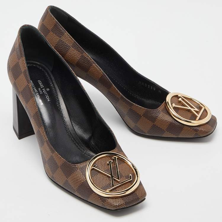 Pre Owned Louis Vuitton Brown Damier Ebene Canvas Madeleine Block Heel Pumps Size 38
