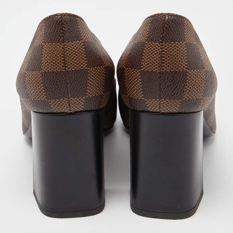 Pre Owned Louis Vuitton Brown Damier Ebene Canvas Madeleine Block Heel Pumps Size 38